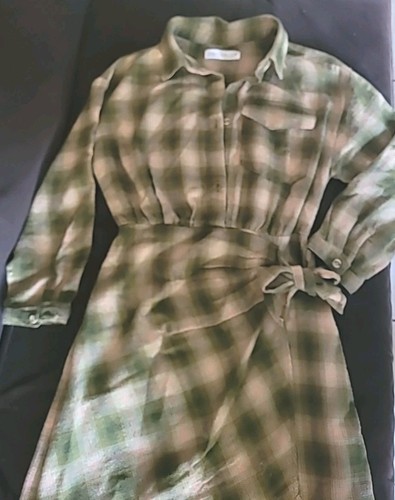 Zara Long Sleeve Green Plaid Side Tie Button Pullover Dress Girls Sz 10 - Picture 7 of 13