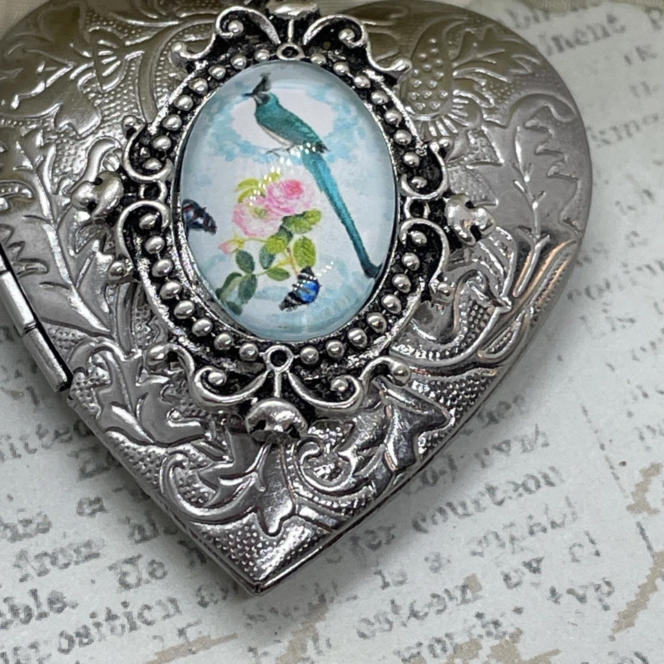 Corazón Plata Medallón Collar Foto Boda Vidrio Pájaro Azul Jay Regalo Cumpleaños Nuevo Foto 2 de 4