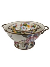 MacKenzie-Childs Flower Market White  Enamel Colanders Large and Petite Set Of 2