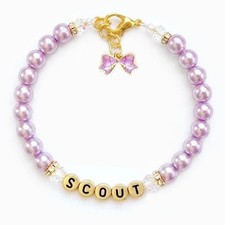 Custom Lilac Pearl Dog Cat Necklace Collar Bow Ribbon Charm Handmade Pet Jewelry