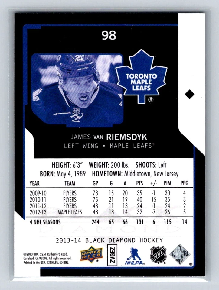 2013 Upper Deck Black Diamond #98 James van Riemsdyk Toronto Maple Leafs - Image 2 of 2