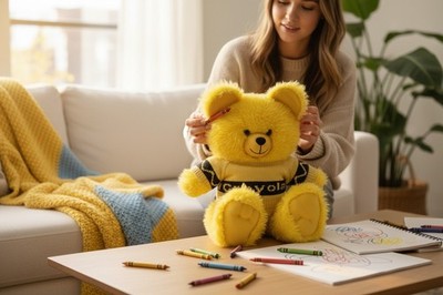 Vintage 1985 Crayola Bear Binney & Smith Yellow Sweater heartline Plush 18  RARE