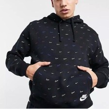 Nike Sportswear Club Fleece All-Over Print Hoodie, Black Multi-Color Swooshes, L