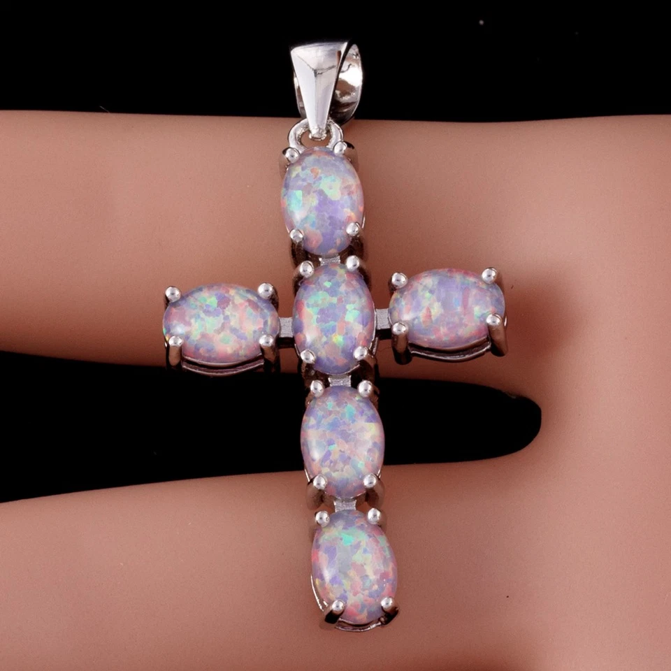 Latin Cross Lavender Purple Fire Opal Cabochon Silver Jewelry Necklace Pendant - Image 3 of 4