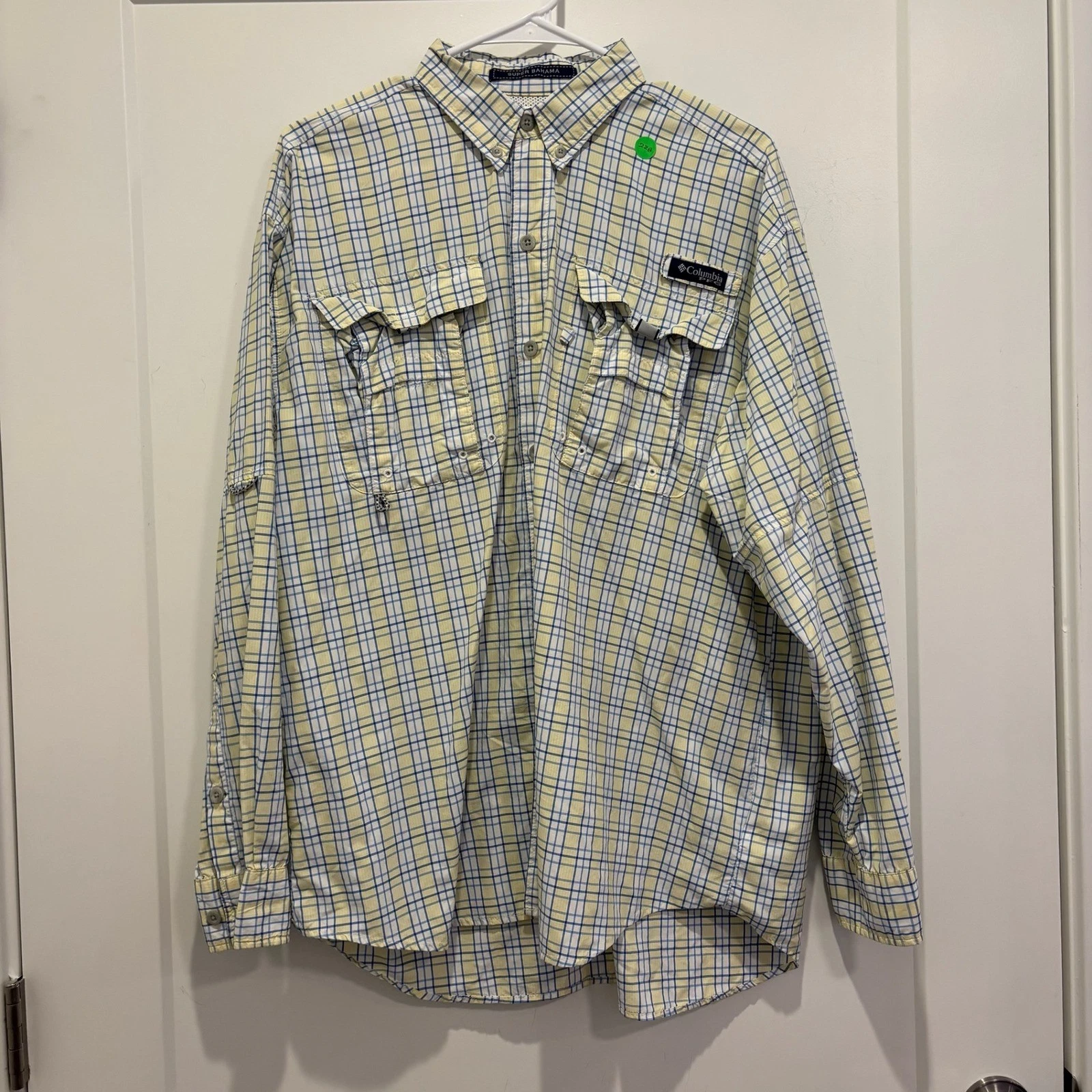 Columbia PFG Super Bahama Mens Medium Yellow Blue Plaid LS Fishing Shirt Vent