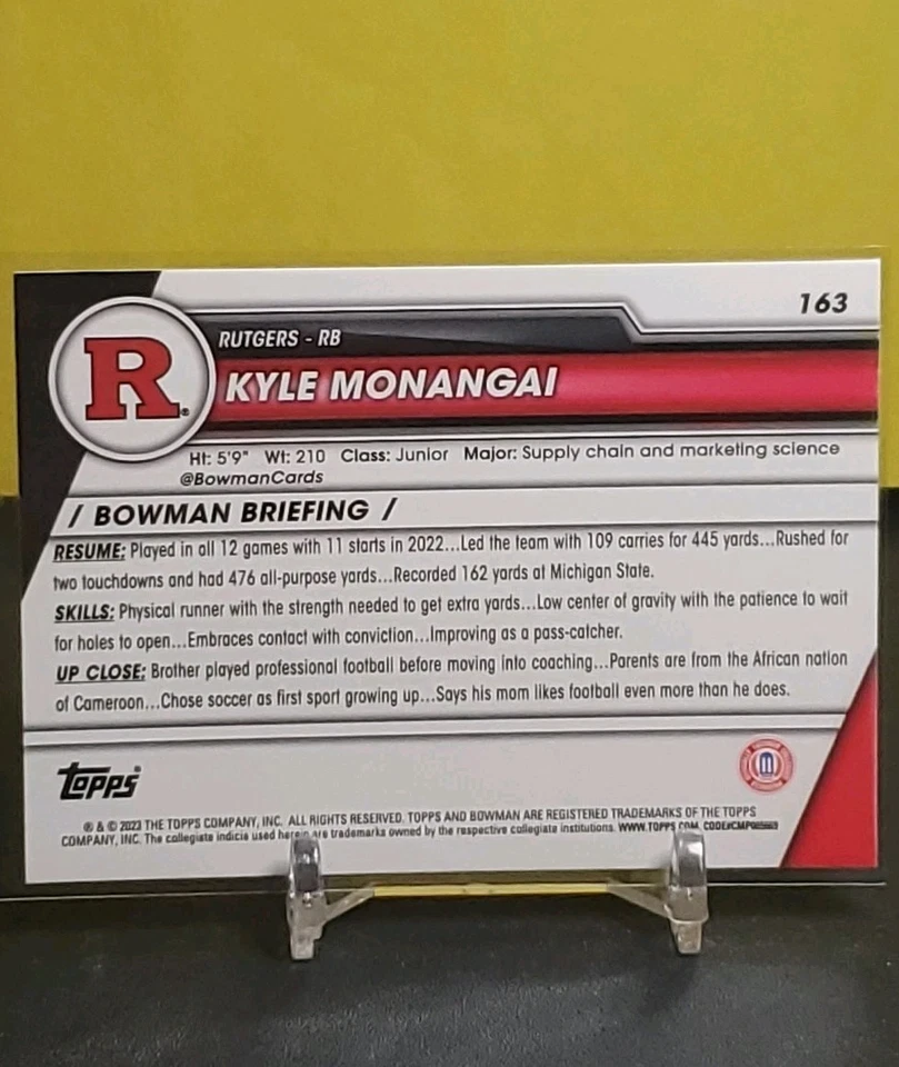 2023 Bowman Chrome U- Kyle Monangai - #163 Pink Refractor (RC) Rutgers - Image 2 of 2