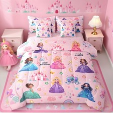 jejeloiu Kids 7 Piece Princess Bedding Set Twin Size Pink Castle Bed Set Include