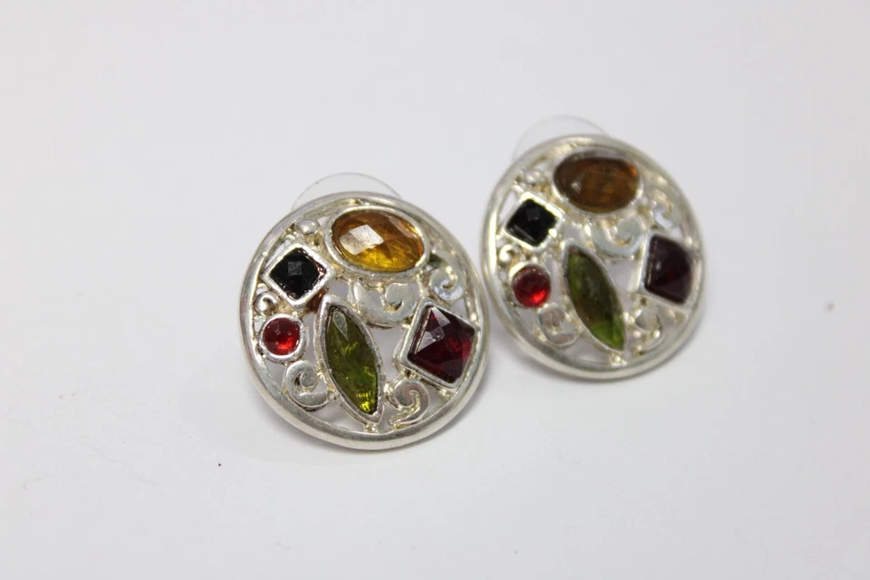 Round Multicolor Stones Sterling Silver Post Earrings - Image 3 of 4