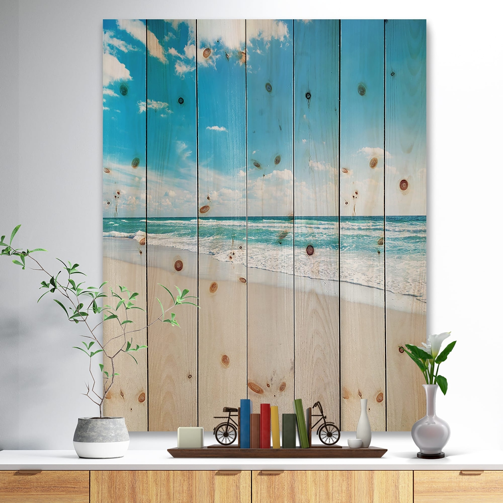 Designart 'Sea Beach Against Wave Foaming' Nautical & Coastal Wood Wall Art -
