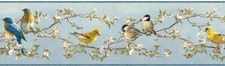 Wallpaper Border Louise Blue Songbird Portrait Birds on Floral Branches