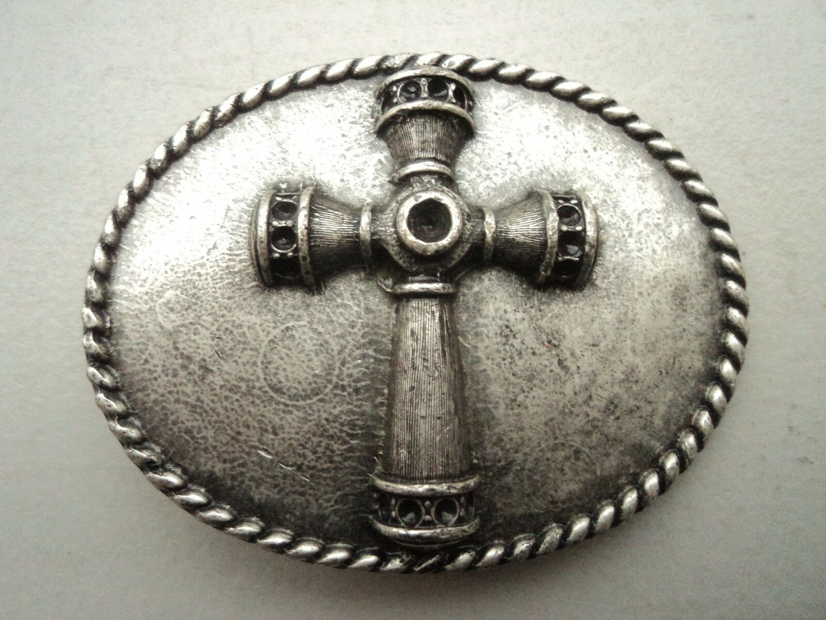 Robbie French Belt Buckle w/ Cross and Rhinstones Vintage Lot of 2 Signed Robbie French Cross Belt Buckle Made  main image 2