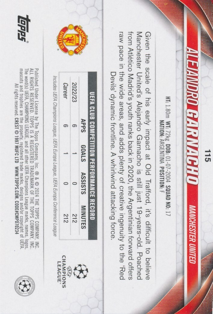 115 ALEJANDRO GARNACHO 2023-24 Topps UEFA Club Competitions