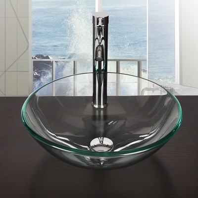 Bathroom Clear Tempered Glass Vessel Basin Sink With Taps Drain Combo Pop-up Set