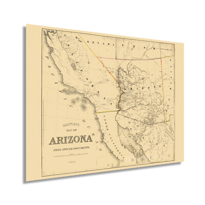 1865 Arizona Map Poster from Official Documents - Vintage Arizona Wall Art Decor