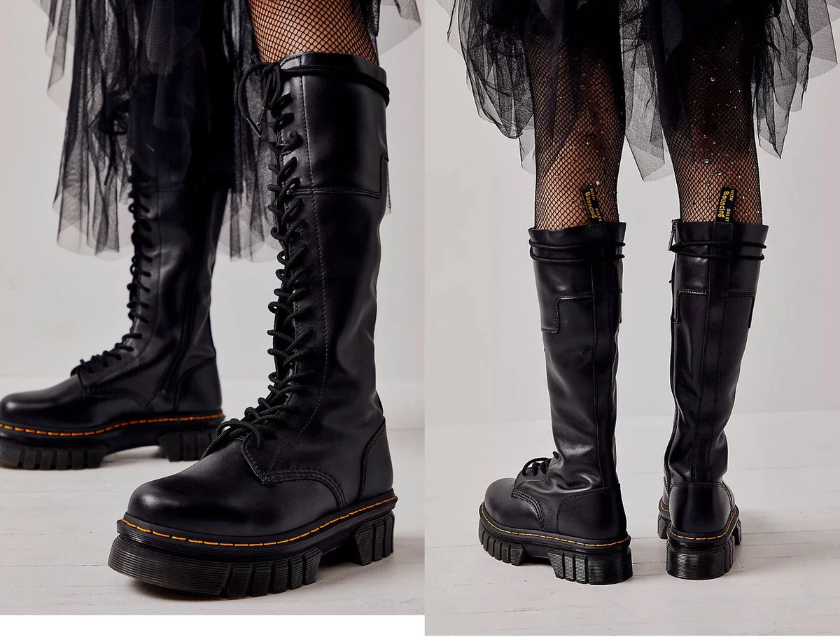 Audrick 20-Eye Leather Knee High Platform Boots in Black