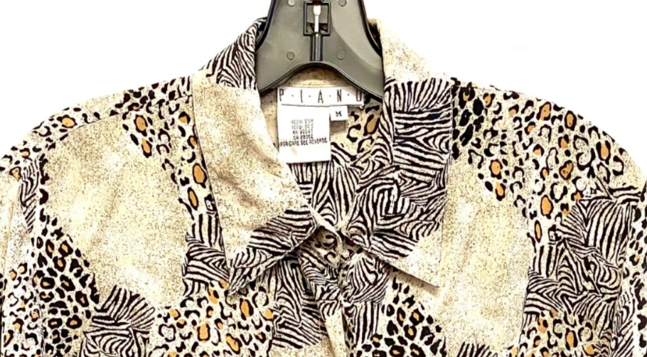 Camisa Blusa PIANO Vintage Seda Cebra Leopardo Safari Estampado Animal Manga Larga M Foto 4 de 4