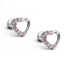 14K White Gold Plated Pink CZ Open Heart Children Screw Back Girls Earrings