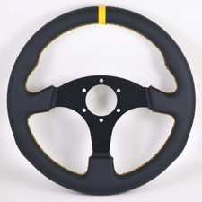 Volante de coche 350 mm 14" cuero negro pista plana deriva costura amarilla