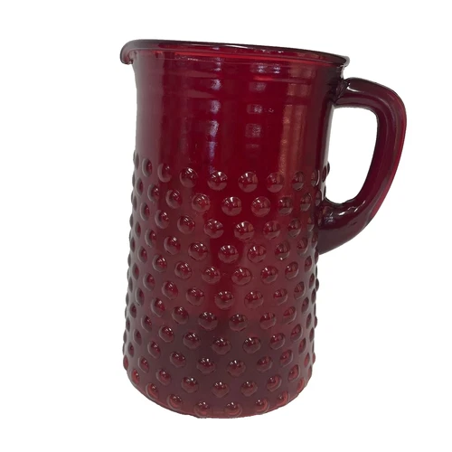 Anchor Hocking Large Pitcher Glass Royal Ruby Red Hobnail 8 Inch Vintage