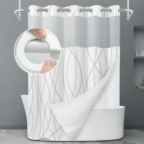 No Hook Grey White Striped Shower Curtain with Snap in Fabric Liner Set New