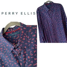 Perry Ellis, Stretch Slim Fit Floral Pattern Button-down Shirt, Navy Blue, Pink