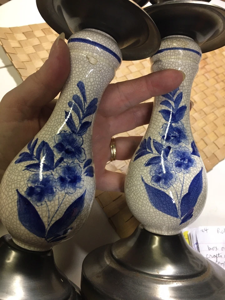 Pair Of Delft Ceramic , Metal Candlesticks 1950’s - Image 3 of 4