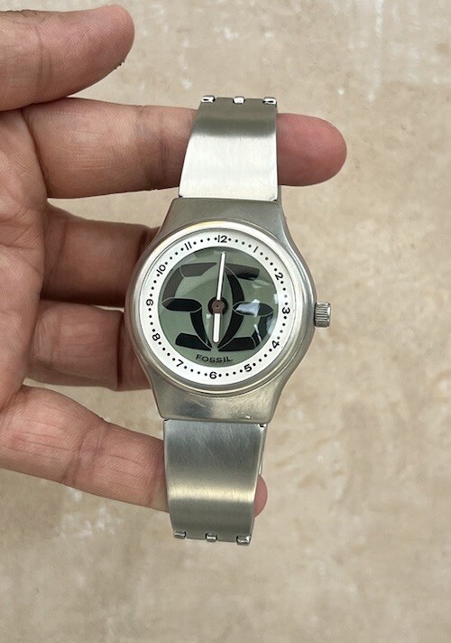 Rare y2k FOSSIL Big Tic Watch, White w/ Steel Strap, JR-7843