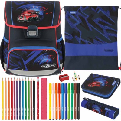 Herlitz Schulranzen Set Loop Plus High Speed Rennwagen Rennauto Gefüllt blau