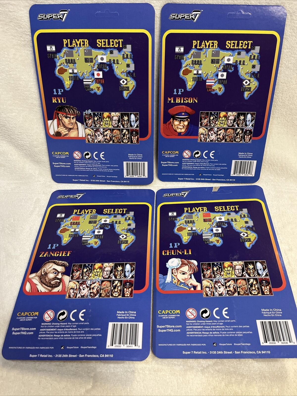 Super7 Reaction Street Fighter 2 MIB Lot - Ryu, Chun-li, Blanka