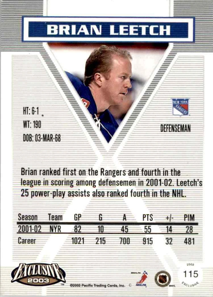 2002-03 Pacific Exclusive Brian Leetch #115 - Image 2 of 2