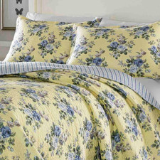 Laura Ashley Linley Yellow Blue Floral Cotton Full/Queen Quilt Set
