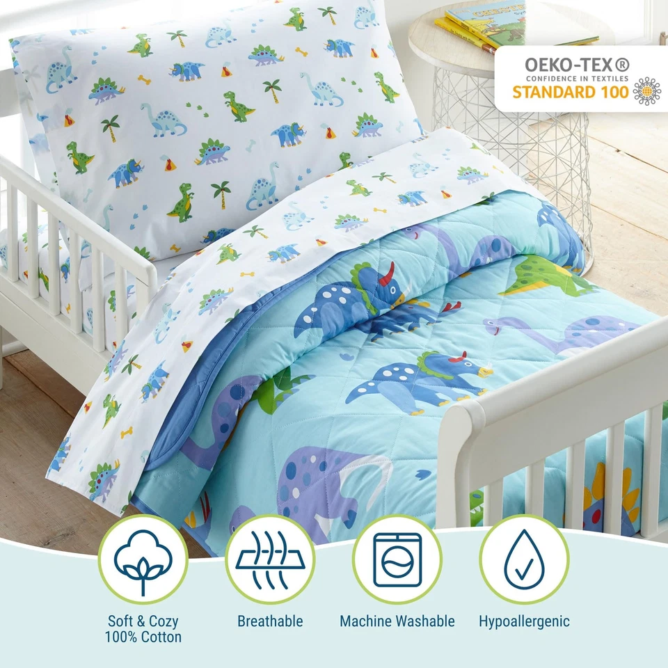 100% Cotton 4 Piece Toddler Bed-in-A-Bag for Boys & Girls, Bedding Set Includes - Image 2 of 4