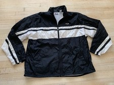 FILA Mens L Windbreaker Jacket Vintage 1990's Spell-out Logo Black White Stripe