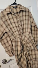 Lulus Seasonal Spirit Plaid Ruched Long Sleeve Midi Shirtdress Taupe Brown Size