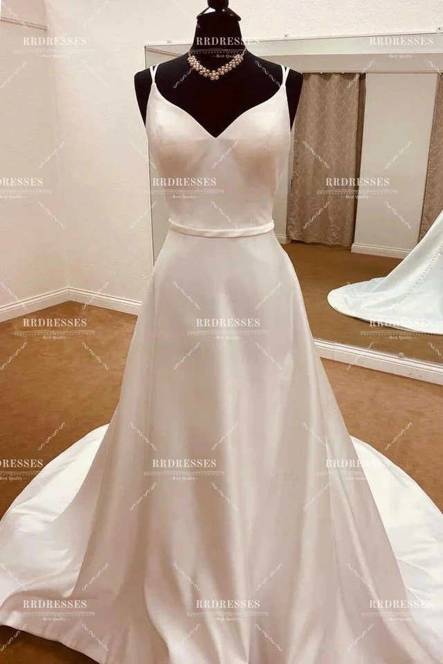 Vestidos de novia blancos marfil cuello en V satén barrido tren blanco marfil vestidos de novia Foto 2 de 4