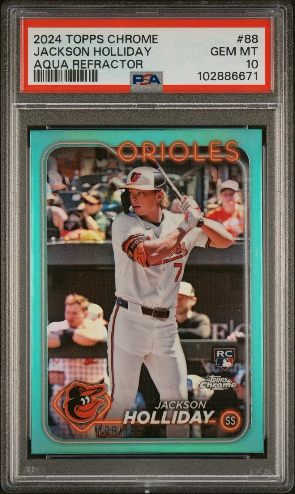 2024 Topps Chrome #88 Jackson Holliday Aqua Refractors PSA 10 #/199 Orioles view 1