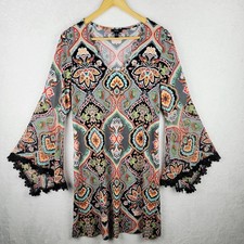 Bohemian Dress L Midi Flare Lace Trim Sleeve Black Colorful Floral Cottagecore