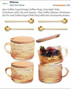 4pcs Coffee Cups,Vintage Coffee Mugs, Overnight Oats Containers with Lids and...
