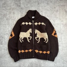 VTG 90s Cowichan Sweater Horse Pattern Hand Knitted Wool Jacket Rare Design