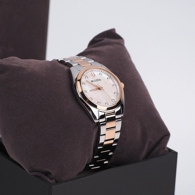 Bulova Surveyor Diamond 98P207 Mother of Pearl Dial Rose Gold Band Women's Watch