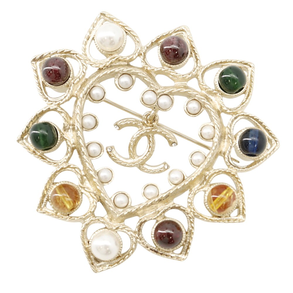 CHANEL CC Logo Color Stone Brooch Gold Plated/Rhinestone/Faux Pearl/Color St...