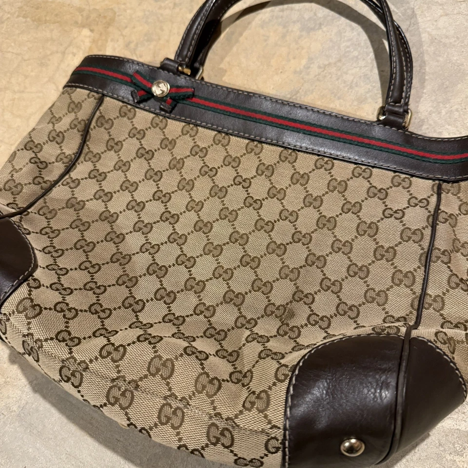 VTG Gucci Mayfair Sherry Web Stripe Canvas GG Monogram Canvas Tote Bag 257061 - Image 3 of 4