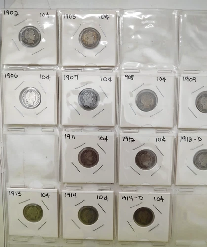 Lot of 12 F to VF Barber Dimes 1902 - 1914 -90% Silver Circulated Coins US