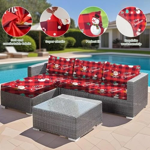 Fundas de cojín elásticas para patio de Navidad 8 piezas impresión D: Santa Claus Foto 3 de 4