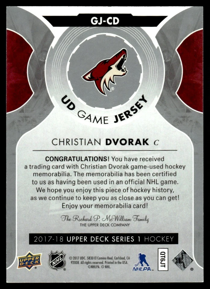 2017-18 Upper Deck UD Game Jerseys Christian Dvorak Arizona Coyotes #GJ-CD - Image 2 of 2