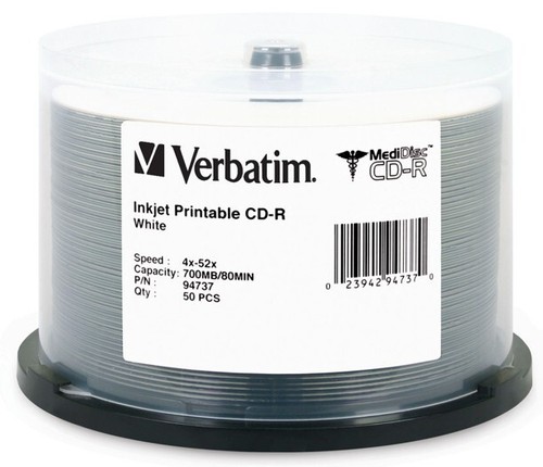 50-Pak Verbatim 52X 80-Min MediDisc™ White Inkjet ARCHIVAL CD-Rs, Verbatim 94737