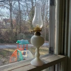 OPAQUE WHITE MILKGLASS MINIATURE DIAMOND HOBNAIL KEROSENE STAND LAMP COMPLETE