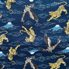 Japanese Fabric Tigers Mt.FUji on Navy Cotton W110/43"  Quilting Craft Asian