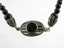 FAS Sterling Silver Marcasite and Black Onyx Beaded Necklace 925 27.7g 18 Inches