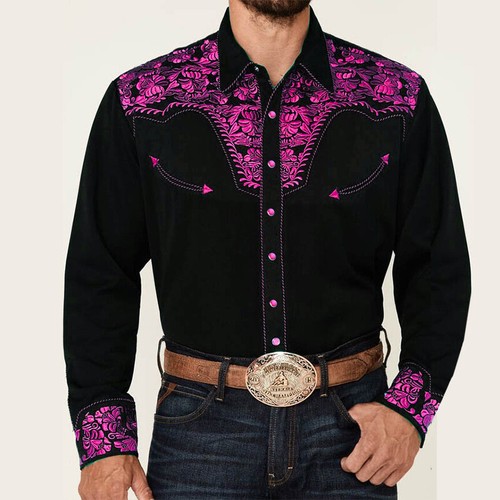 Neu Herren Retro Bedrucktes Revers Langarm Hemd Western Langarm Freizeithemd - Bild 19 von 24